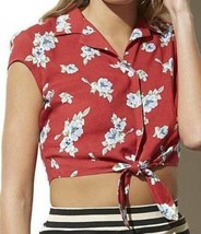 Womens Crop Top Adam Levine Tie Waist Short Sleeve Button Front Red Floral-sz L - $5.94