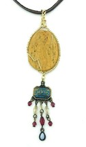 Hand Made Signed BL Gold Tone Wood Pendant Beaded Necklace - £20.52 GBP