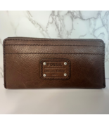 Fossil Long Live Vintage 1954 Brown Trifold Wallet Cowhide Leather 7" x 4" - $35.00
