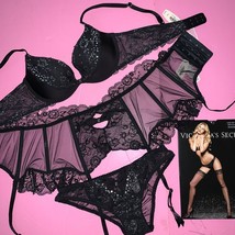 Victoria&#39;s Secret 34A Bra Set+Garter+Panty Black Silver Crystallized Temptation - £135.35 GBP