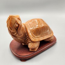 Orange Stone Turtle Figurine Hand Carved Statue on 6&quot; Wood Base Vtg Over 1 Kg - £191.16 GBP