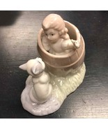 VINTAGE PORCELAIN FIGURINE Girl in Barrel Playing Hide &amp; Seek with Cat - $102.75 CAD
