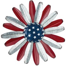 Patriotic Galvanized 14-inch Metal Flower Wall Hanging Red White Blue Stars NEW - $36.43