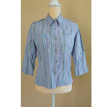 Columbia Button Up Shirt Pink Blue Striped Petite Medium Linen Cotton - £10.09 GBP