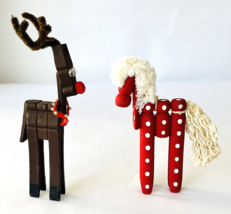 2 Christmas Ornaments Handmade from Old Clothespins Rudolph Reindeer &amp; Red Horse - £8.52 GBP