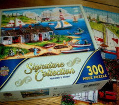 Jigsaw Puzzle 300 Large Pieces Lighthouse Tall Ships Sailboats Folk Art Complete - £10.11 GBP