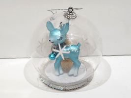 Holiday Christmas Retro Blue Baby Deer Inside Clear Ball Ornament Tree Decor - £12.76 GBP
