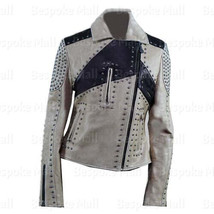 New Women&#39;s Black Grey Silver Studded Biker Style Cowhide Leather Jacket-346 - £196.17 GBP