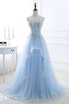 Fashion Sweetheart Long Tulle Sky Blue Prom Party Gowns with Sequins - £119.47 GBP