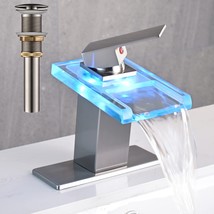 Avsiile Led Bathroom Sink Faucet, Brushed Nickel Waterfall, Open Glass Spout - £67.13 GBP