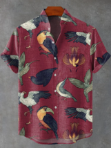 Men&#39;s Red Fun Bird Vintage Print Casual Linen Blend Shirt - £22.11 GBP