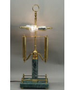 Vintage Green Marble Stone &amp; Brass Table Lamp Office Desk Study Dual Bulb - $155.19