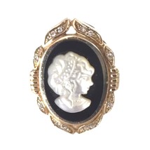 Seta Women&#39;s Ring Cameo Mother of Pearl Onyx Gold Sterling Silver 925 Vi... - £47.20 GBP