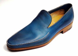 Stable Yale Blue Hand Stitching Vamp Apron Toe Slip On Sleek Leather Dress Shoes - $127.39