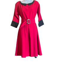 Red Black Womens Small Custom Made Fit N Flare Retro Pleat Front Dress OOAK - £37.15 GBP
