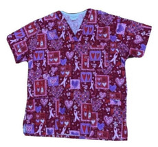 Peaches Scrub Top Hearts Breast Cancer Ribbons Valentine’s Day Red Pink Purple L - £11.72 GBP
