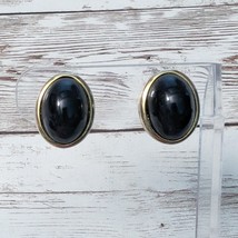 Vintage Clip On Earrings Black 3D Domed with Gold Tone Halo - $14.99