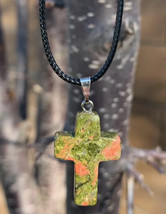 Pink Green Unakite Carved Stone Cross Pendant Necklace Chakras Crystal Healing - $6.78