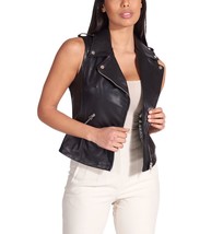 Black Jacket Western Button Vest Coat  Lambskin Leather Classic Women Waistcoat - £85.77 GBP