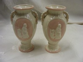 Vintage Porcelain Small Vases Pink and Cream Set Victorian Scene Japan 2-b - $669.26 MXN