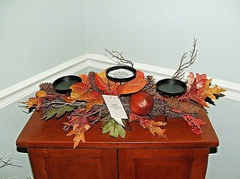 NWT Fall Harvest 3-Pillar Pumpkins &amp;Leaves Candle Holder Centerpiece  25&quot; - £31.80 GBP
