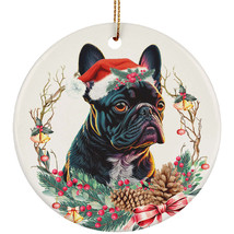 Black French Bulldog Dog Santa Hat Flower Wreath Christmas Ornament Gift... - £11.83 GBP