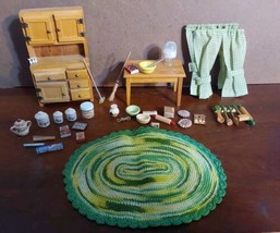 Vintage Dollhouse Furniture Kitchen Table and Cabinet Rug Curtains Misc ... - $116.67