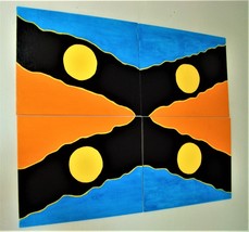 Original Moon Geometric Yellow Circles Signed Paintings Blue Orange Art Set of 4 - £142.84 GBP