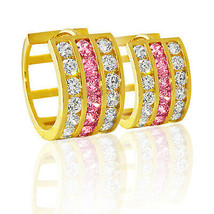 1.50CT Women&#39;s 14K Yellow Gold Plated Silver Pink Sapphire Huggie 3 Row Earring - £38.76 GBP