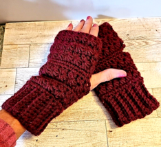 Burgundy Maroon Handmade Crocheted Fingerless Gloves Warm - £14.69 GBP