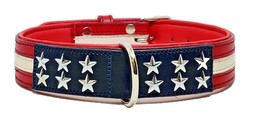 Genuine Leather American Flag (USA) Luxury Star &amp; Crystal Padded Dog Collar Gift - £33.89 GBP+