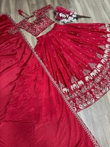 Bridal Red Chinon Fabric Lehenga embroidery sequins Wedding lehenga Chaniya Chol - £70.37 GBP