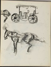 Vintage Graphite Pencil Drawing on Paper Mid Century Horse &amp; Wagon tob - £59.44 GBP