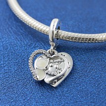 925 Sterling Silver Cats &amp; Hearts Dangle Charm With Enamel and Clear CZ - £14.33 GBP