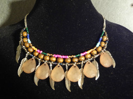 Gypsy/Boho/Hippie Wood Bead and Metal Feather Necklace - £7.75 GBP