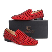 Men FERUCCI Red Velvet Slippers Loafers Flat With Black Spikes - £154.32 GBP