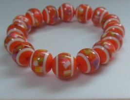  Vintage Orange/White Plastic Bead Art Stretch Bracelet - £7.55 GBP