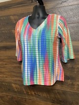 Onque Casual Blouse Top Womans Petite Large Multicolor Striped Short  Sleeves - £11.16 GBP