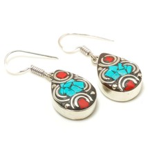 Turquoise Red Coral Bohemian Drop Dangle Jewelry Earrings Nepali 1.50&quot; SA 3433 - £6.22 GBP