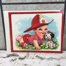 Vintage 50’s Jumbo Thinking Of You Card Baby Boy Fire Fighter Dalmatian ... - $19.79
