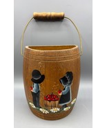 Vtg Wooden Hand Painted Wall Pocket Basket Barrel Handle Dutch Kids - $357.31 MXN