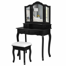 Black Vanity Makeup Dressing Table Set W/Stool 4 Drawer&amp;Mirror as Gifts for Girl - £206.22 GBP