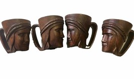 Vintage Carved Hawaiian Lady Face Tiki Mug Monkey Pod Wood Lot (6 Mugs) - $59.39