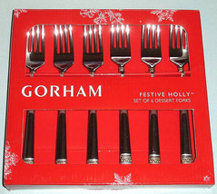 Gorham Festive Holly Dessert Forks 6 Piece Gold Banded Stainless Flatwar... - $29.60