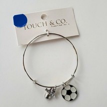 Touch &amp; Co Silver Tone Bangle Bracelet w Soccer Ball I Love Soccer Charm NWT - £9.14 GBP