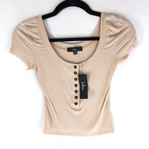 Lulus Henley Crop Top Button Front Ribbed Stretch Knit Beige L - $16.39