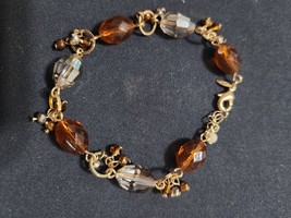 Vintage Art Deco Style Yellow Gold Tone Amber &amp; Clear Stone Bead Bracelet - $23.27 CAD