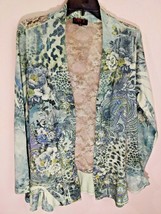 French Blue Lace Back Open Cardigan Green Floral Beaded Long Sleeve M - £7.89 GBP