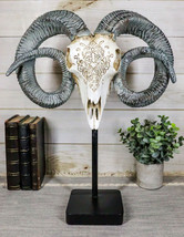 Rustic Tooled Floral Lace Dorset Horn Sheep Ram Skull Sculpture On Pole Display - £51.95 GBP