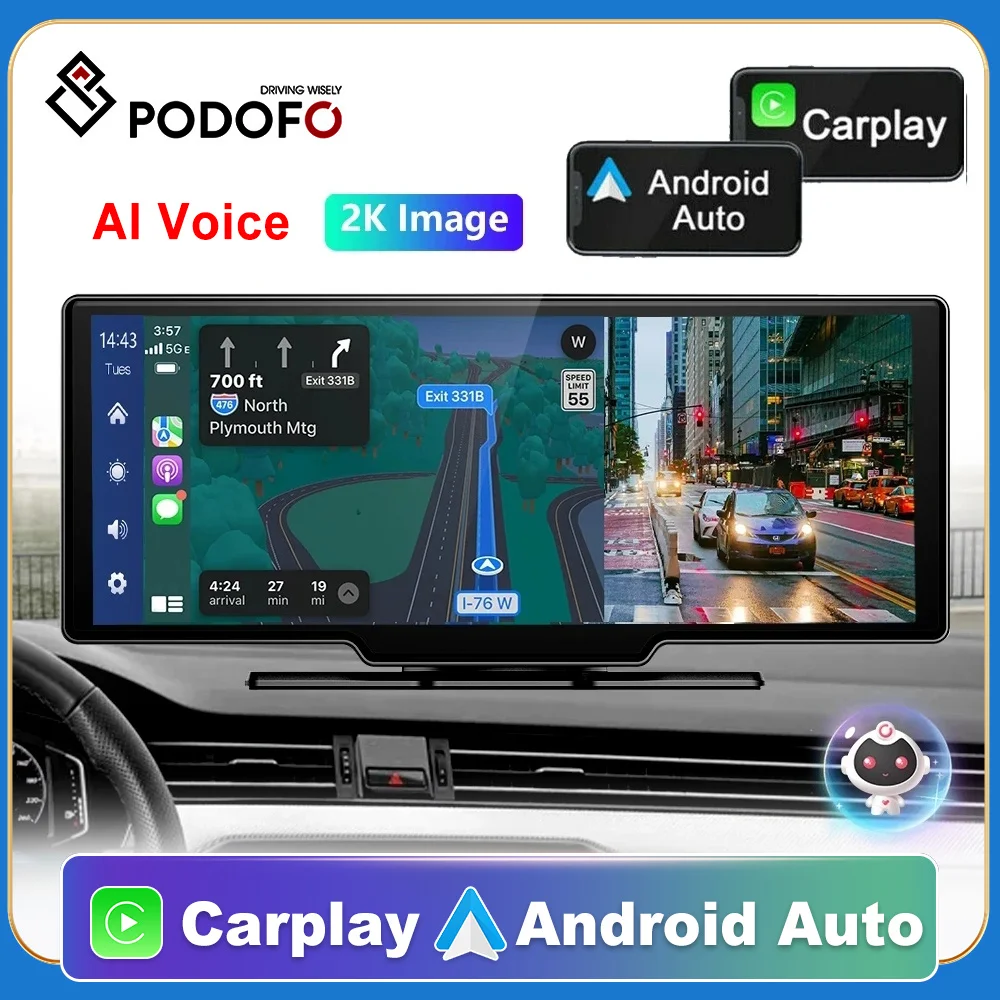 Podofo Car Mirror Video Recording Carplay &amp; Android Auto Wireless Connection GPS - £64.15 GBP+